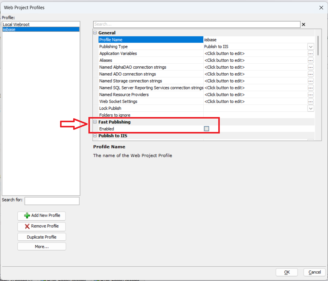 Web Project Profiles dialog, showing Fast Publishing